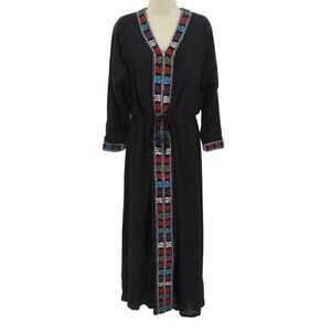 Artisan De Luxe Womens Small Embroidered Black Long Sleeve Tunic Kaftan Dress
